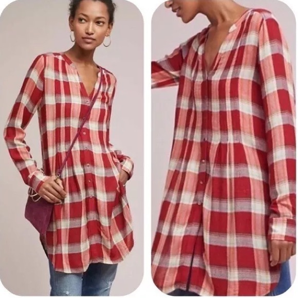 Anthro Akemi + Kin Red Plaid Long Sleeve Shirt Dress Small - Picture 1 of 8